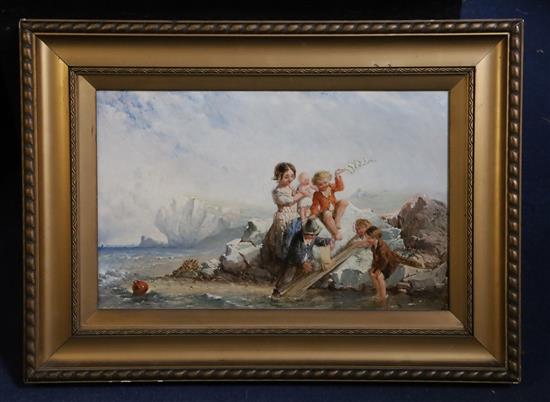 English School c.1900 Children playing on the seashore 9.75 x 15.5in.